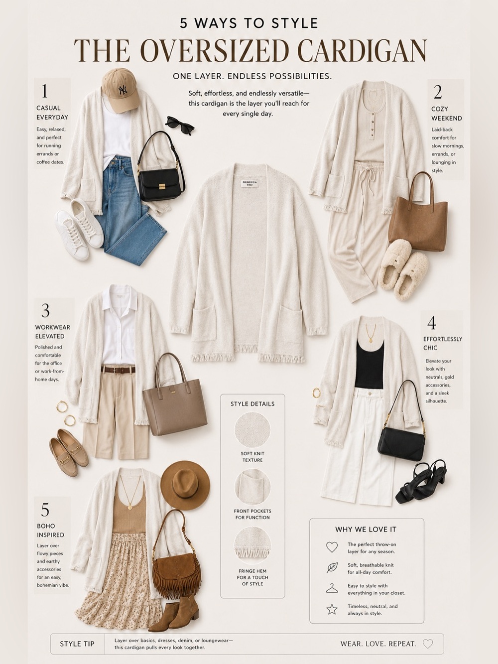 Repeat Open Front Knit Cardigan Sweater | Cream | Size XL | Cozy Minimalist - Picture 2 of 5